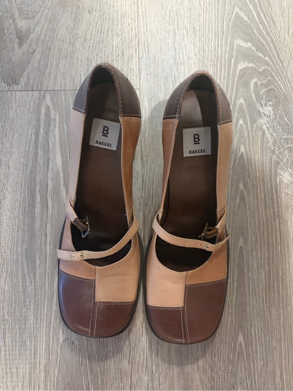Bakers Two-Tone Patchwork Mary Jane Flats in Brown and Tan